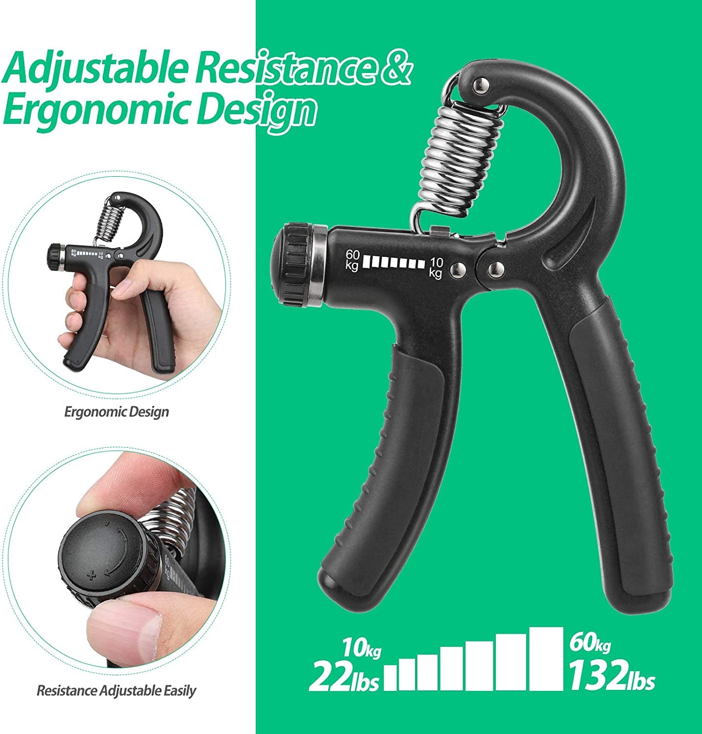Hand Grip Ajustable 22-132Lbs (10-60Kg) para Músicos y Atletas